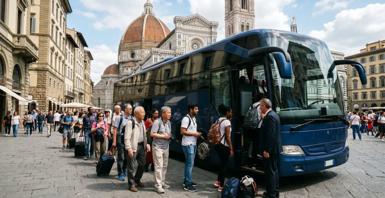 Turisti che salgono su un pullman turistico in una piazza centrale di Firenze con la cupola del Duomo sullo sfondo