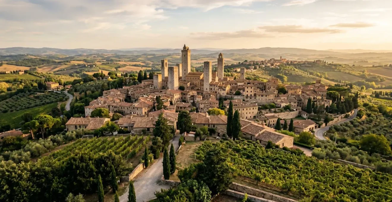 Vista panoramica di San Gimignano con le sue torri medievali emergenti tra i tetti e le colline toscane sullo sfondo