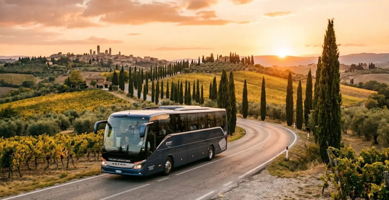 Pullman turistico che percorre una strada collinare toscana tra cipressi e vigneti al tramonto