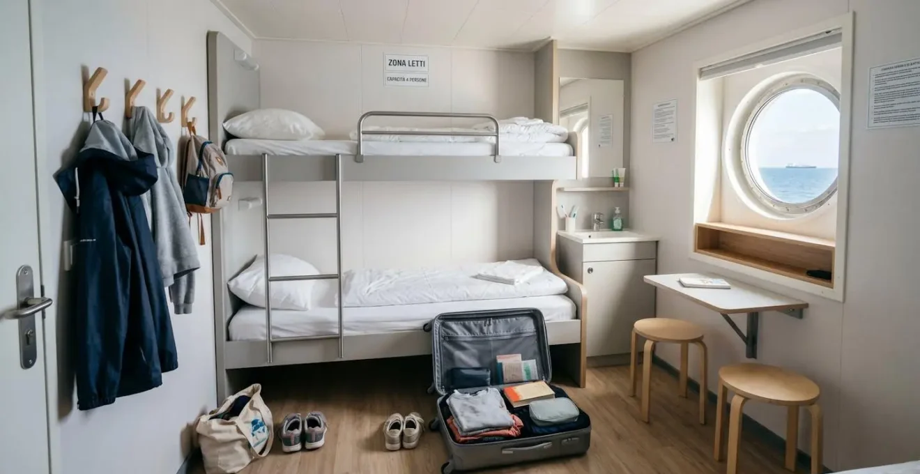 Interno luminoso e ordinato di una cabina quadrupla di traghetto moderno con letti a castello bianchi, oblò con luce naturale, arredamento funzionale contemporaneo e valigia aperta sul pavimento.