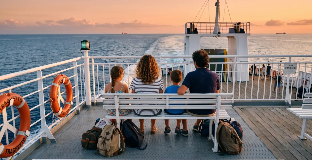 Famiglia italiana di quattro persone seduta sul ponte aperto di un traghetto moderno durante la navigazione pomeridiana nel Mediterraneo, osservando il tramonto sul mare calmo con bagagli accanto, atmosfera rilassata e serena.